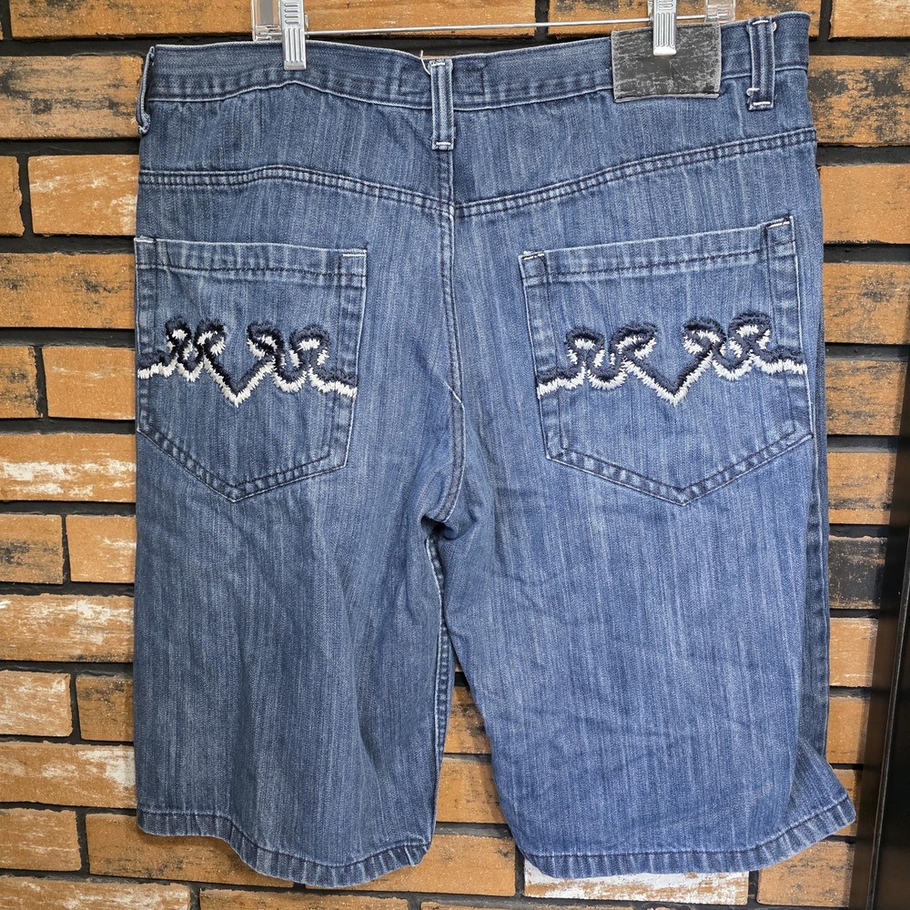 Y2K Vintage Refuse Denim Shorts Blue White Embroidered Back Pockets Men's Sz 40
